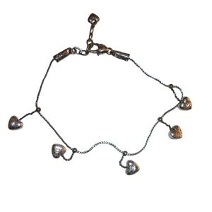 Vintage Brighton Silver Plated Puffed Heart Charm Anklet Adjustable 9-10" - FS